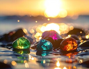 Colorful stones at sunrise on water