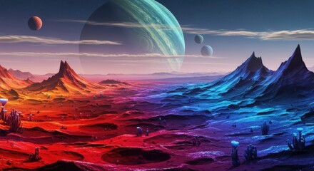 Alien Planet Landscape With Two Tone Colors And Multiple Moons