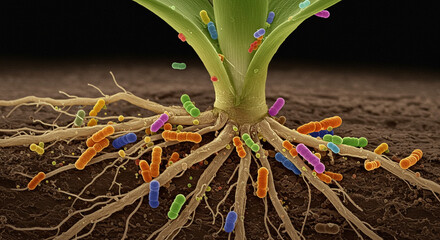Microscopic view of soil bacteria supporting plant roots.