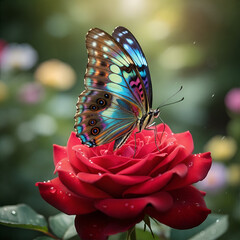 A jewel-toned Clipper butterfly perches delicately on a velvety red rose, its brilliant colors catching the soft, ethereal sunlight in the garden.