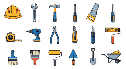 Illustration of various construction and repair tools including a hard hat, wrench, hammer, and paint roller