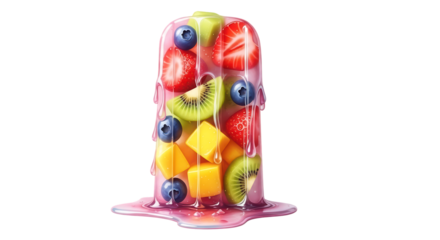 Fruit popsicle with strawberries kiwi mango and blueberries on transparent background