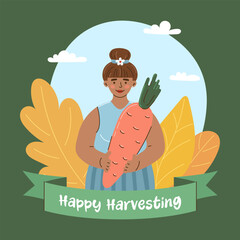 Dark skinned girl holds large carrot in her hands. Autumn and harvest concept. Frame with autumn leaves and the inscription Happy Harvest. Flat style vector illustration.