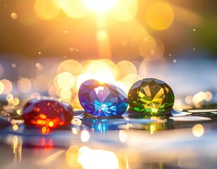 Colorful gems on water, sunlit bokeh