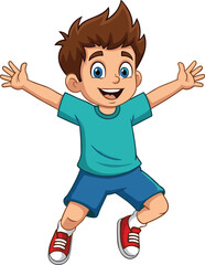 Cartoon boy jumping happily, energetic child character, smiling kid vector, playful pose illustration, fun activity artwork, isolated white background