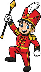 Cartoon drum major character, marching band leader illustration, red uniform pose, parade baton artwork, ceremonial vector design, isolated white background