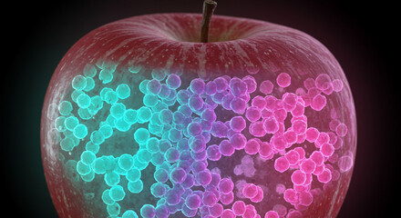 Genetically edited fruit with glowing nutrient molecules.