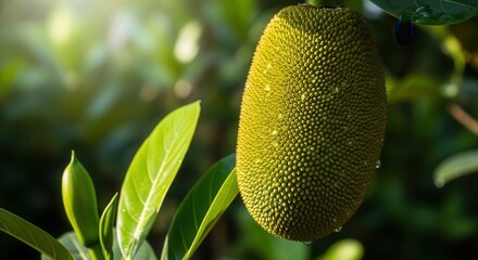 Close-up of a vibrant green jackfruit hanging from a tree in a tropical garden bathed in sunlight