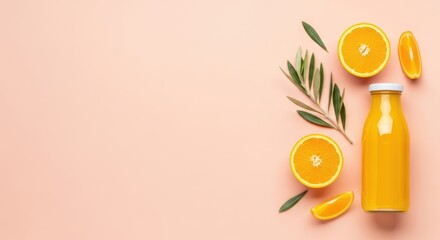 Refreshing Orange Juice Beverage in a Glass Bottle Surrounded by Fresh Fruit Slices and Green Leaves on a Pink Background