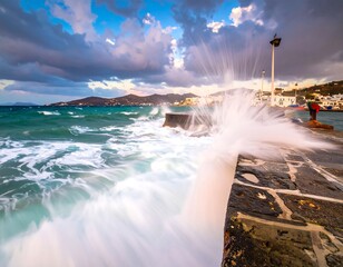 Powerful Waves Crashing Against Pier in Greece.