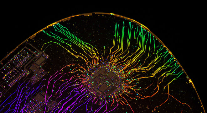 Microscopic light pulses on a silicon photonics wafer.