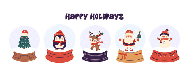 Glass snow globe collection. Set of christmas decorative balls with winter cute characters. Happy Holidays, Christmas decoration. Vector illustration of a snow globe in a simple childish style