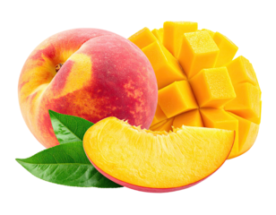 Close-up of a peach and mango, sliced.  Ripe, juicy peach and mango segments, fresh.  Vibrant colors
