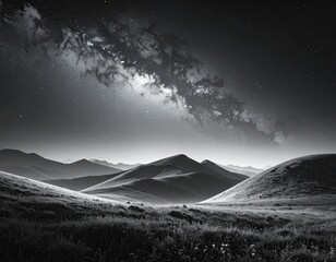 Grayscale landscape with a milky way.  Vast hills and grasslands under a night sky dotted with stars