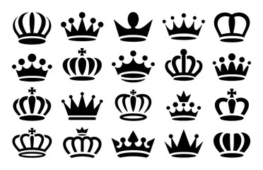 Collection of Black Silhouette Crown Icons on White Background
