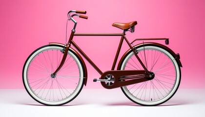 Vintage brown bicycle with white tires on pink-to-white gradient background.