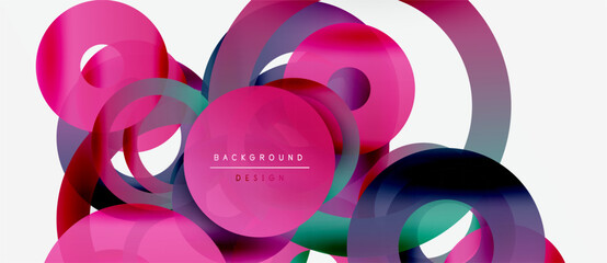 Abstract colorful circles overlap, creating dynamic composition. Gradient shades blend, forming modern background design. Minimal text present.