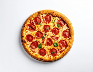 Pizza with pepperoni and basil, top-down view