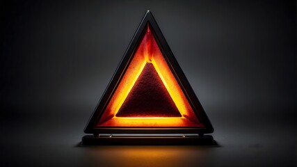 Futuristic glowing orange triangle with neon light on dark background, abstract geometric shape symbolizing energy and power, modern sci-fi design concept
