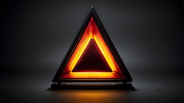 Futuristic glowing orange triangle with neon light on dark background, abstract geometric shape symbolizing energy and power, modern sci-fi design concept
