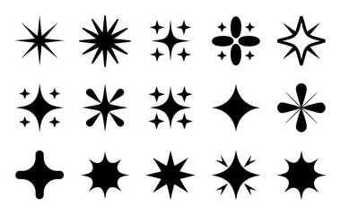 Collection of Black Starburst and Sparkle Icons on White Background