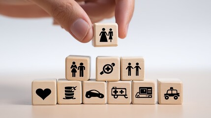 Hand Placing Family Icon Wooden Block, Service Hierarchy Concept Element