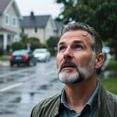 Fototapeta premium Contemplative man looking upward amidst rain suburban neighborhood portrait photography outdoor eye level emotion