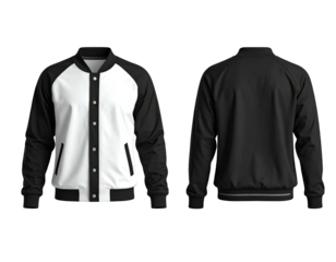 Blank black and white bomber jacket, front and back views