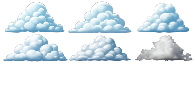 Cartoon Clouds Collection Fluffy White and Blue on transparent background