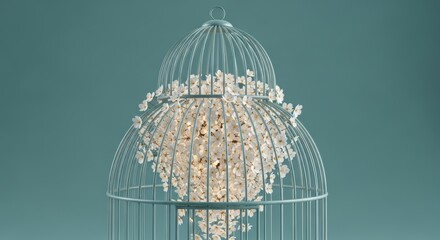 Birdcage filled with delicate white flowers and leaves against a teal background