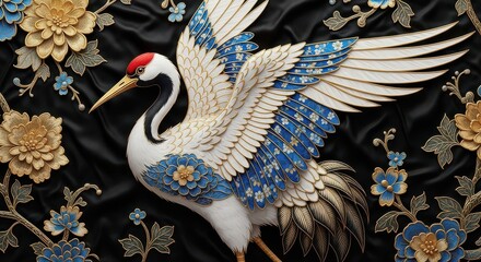 Elegant Crane Adorned with Blue and Gold Embellishments Among Floral Motifs