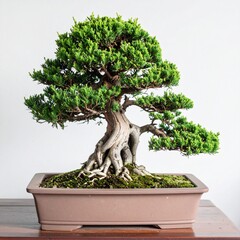 Japanese Bonsai Tree with Artistic Shape in Ceramic Container for Premium Plant Object and Zen Garden Concept