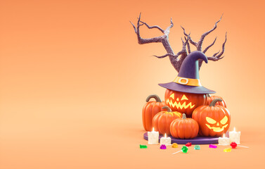 Halloween greeting banner background template with a pile of pumpkins, candles, candy and copy space in 3D illustration