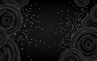 Black background with roses and silver glitter and copy space. Vector horizontal banner with dark decoration elements.