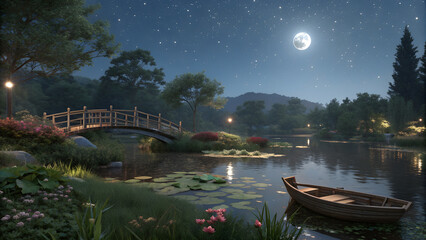 Fototapeta premium A beautifull serene night scene with a wooden bridge over a pond under a starry sky with a full moon above it