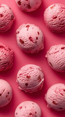 A top view of strawberry ice cream scoops beautifully arranged on a bright pink background, highlighting the creamy texture and inviting appearance of the dessert