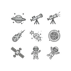 Explore the cosmos with this charming set of astronomy icons, perfect for adding a touch of wonder and discovery to your next creative project