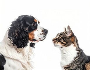 Two animals, a dog and a cat, face each other