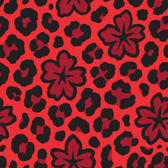Leopard skin with flowers seamless pattern design. Animal print vector illustration background. Wildlife fur skin design illustration for web, home decor, fashion, surface, graphic design