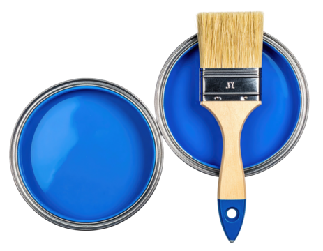 Two open cans of vibrant blue paint with a paintbrush in between