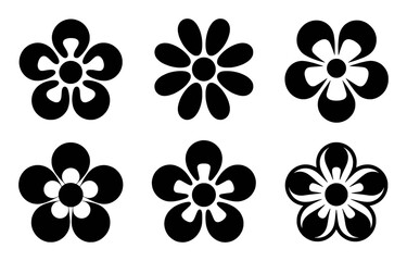 Six Black Flower Silhouettes on White Background