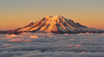 Majestic mountain peak above a sea of clouds at sunrise