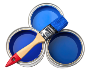 Three paint cans of deep blue, with a paintbrush in between, on a plain background