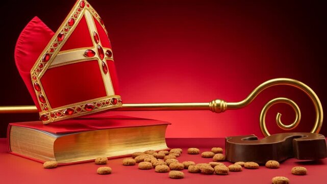 Red sinterklaas hat Mitre, decorative staff, large chocolate letter S, surrounded by traditional spiced cookies, festive attire and dutch holiday spirit. traditional Saint Nicolas day five december
