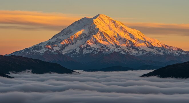Majestic mountain peak above misty valley at sunrise - Powered by Adobe