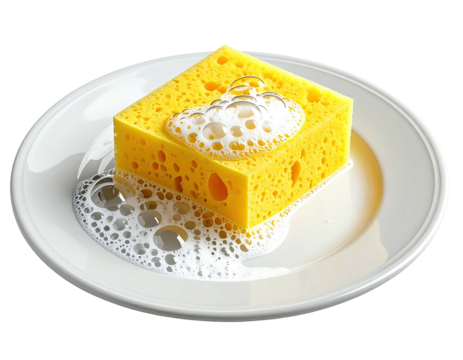 Yellow sponge on plate, covered in suds