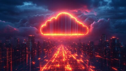 Cloud computing, digital data: Neon cloud of digital data illuminating a cityscape's path, embodying the innovation and security of future technology. - Powered by Adobe