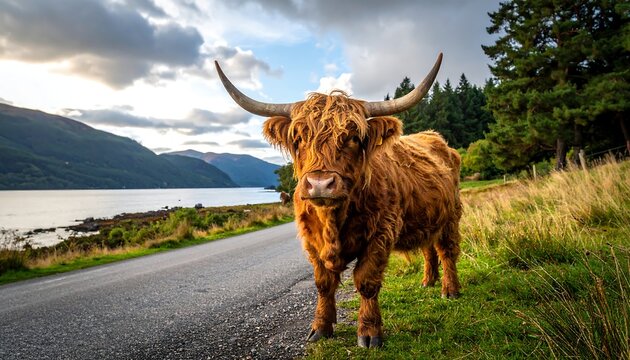 Highland cow by loch
