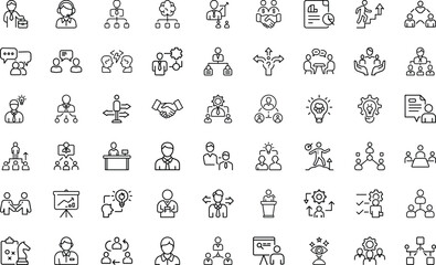 Business people icon set, teamwork, leadership, communication, mentorship, HR management, innovation, employee, collaboration, office, corporate, workplace, outline vector icons on white background.