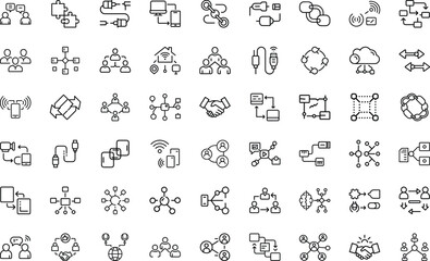 Connection line icon set. network, collaboration, integration, cable, interaction, join, link, technology, communication, internet, data, signal, sharing, outline vector icons on white background.